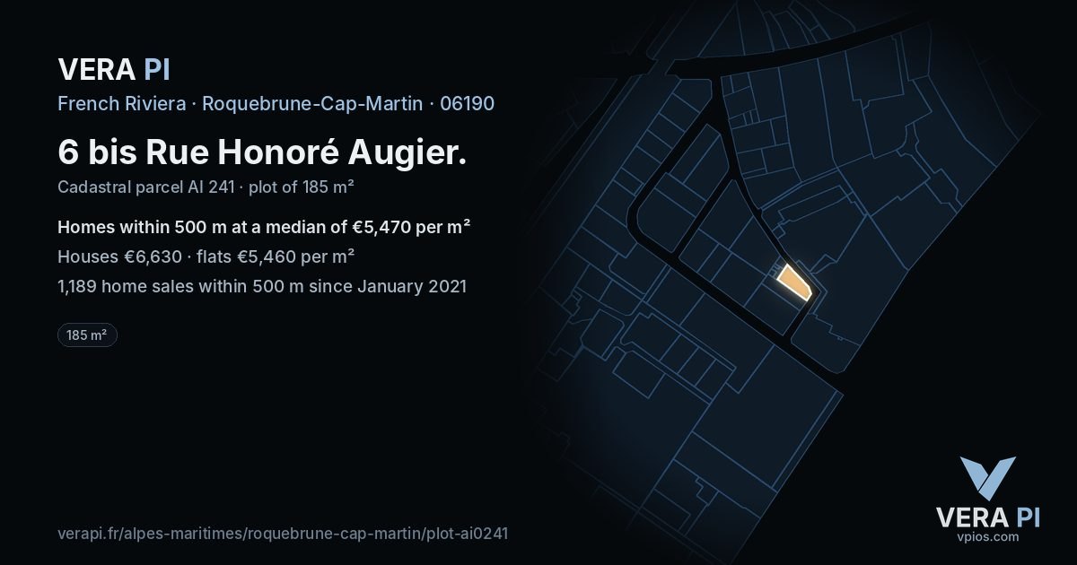 6 bis Rue Honoré Augier, Roquebrune-Cap-Martin at night – the plot lit, the parcels around coloured by the prices near them