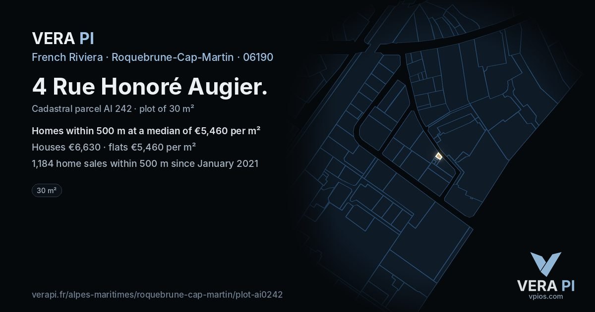4 Rue Honoré Augier, Roquebrune-Cap-Martin at night – the plot lit, the parcels around coloured by the prices near them