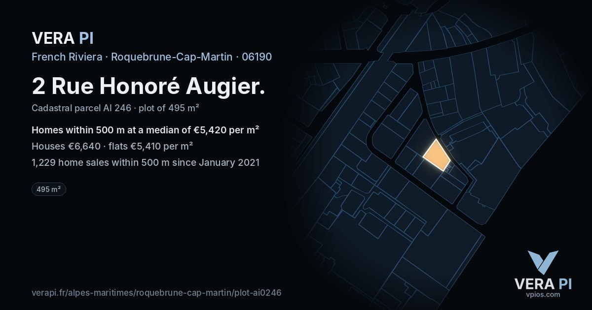 2 Rue Honoré Augier, Roquebrune-Cap-Martin at night – the plot lit, the parcels around coloured by the prices near them