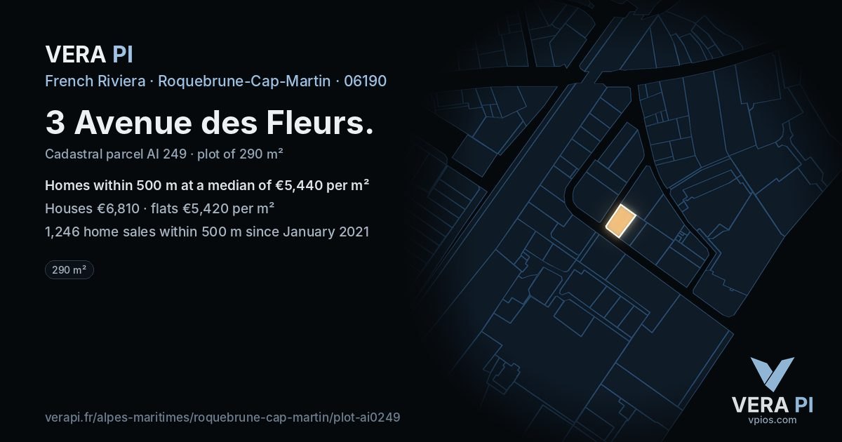 3 Avenue des Fleurs, Roquebrune-Cap-Martin at night – the plot lit, the parcels around coloured by the prices near them