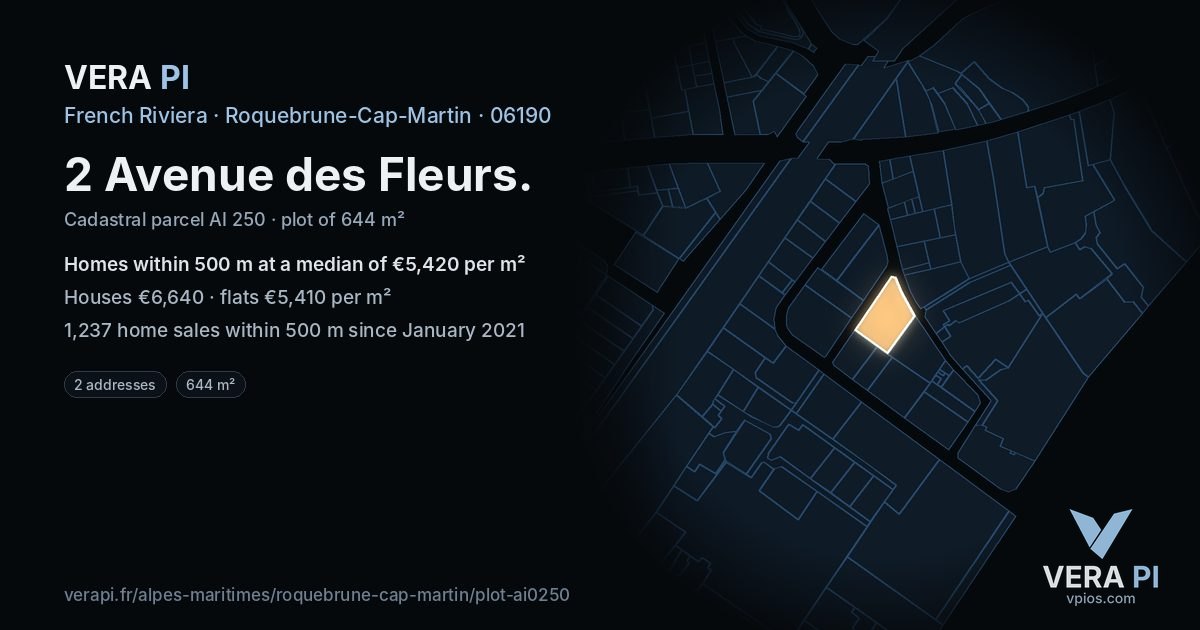 2 Avenue des Fleurs, Roquebrune-Cap-Martin at night – the plot lit, the parcels around coloured by the prices near them
