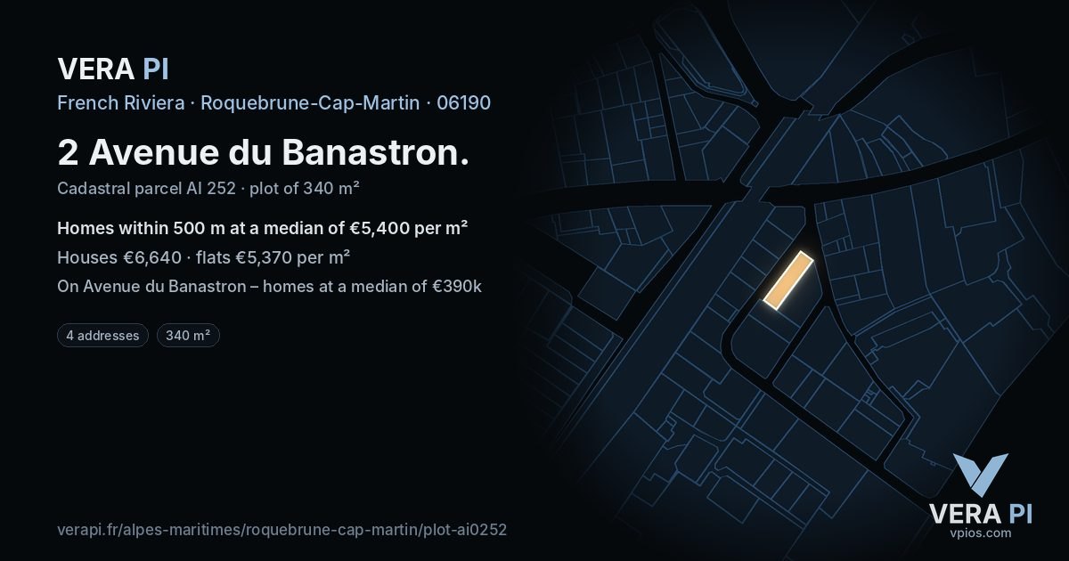 2 Avenue du Banastron, Roquebrune-Cap-Martin at night – the plot lit, the parcels around coloured by the prices near them