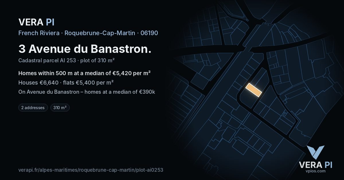 3 Avenue du Banastron, Roquebrune-Cap-Martin at night – the plot lit, the parcels around coloured by the prices near them