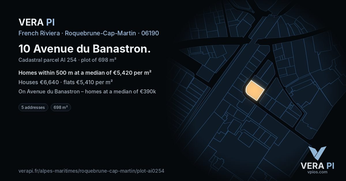 10 Avenue du Banastron, Roquebrune-Cap-Martin at night – the plot lit, the parcels around coloured by the prices near them