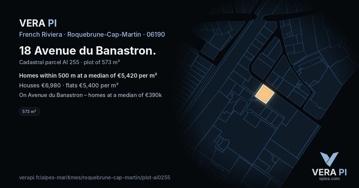 18 Avenue du Banastron, Roquebrune-Cap-Martin at night – the plot lit, the parcels around coloured by the prices near them