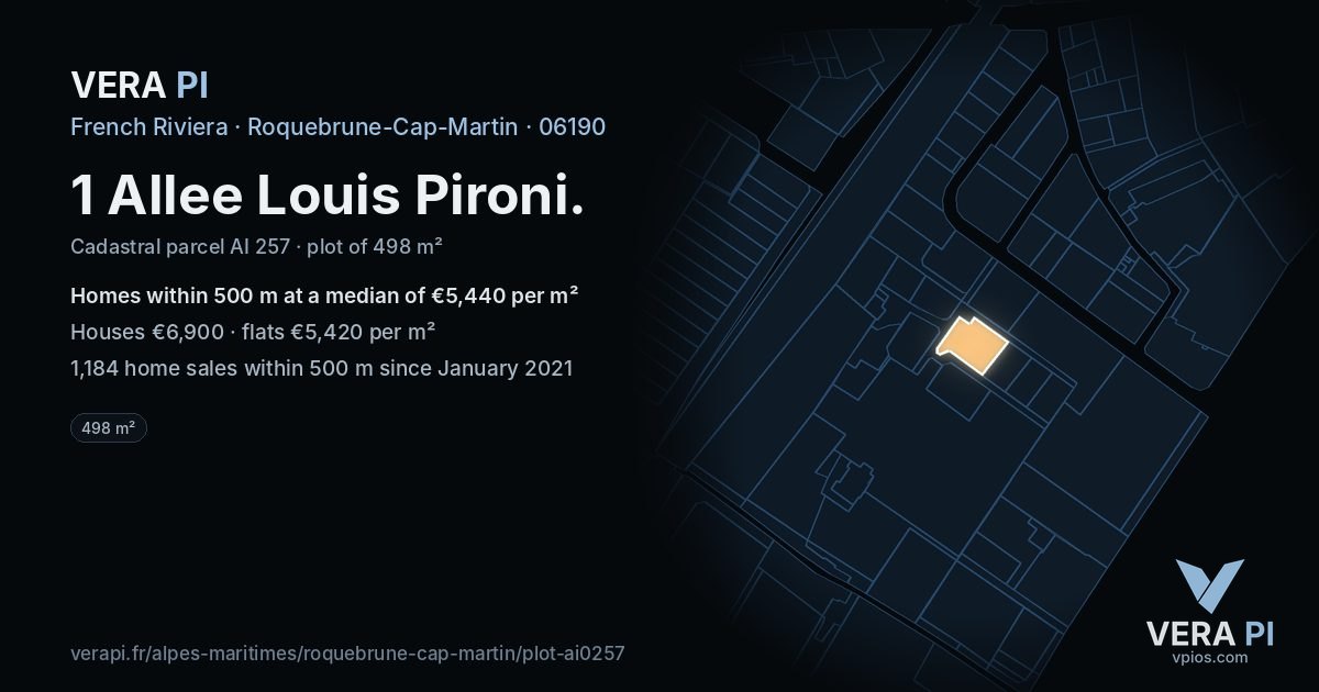 1 Allee Louis Pironi, Roquebrune-Cap-Martin at night – the plot lit, the parcels around coloured by the prices near them
