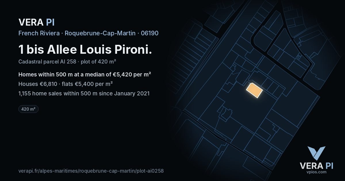 1 bis Allee Louis Pironi, Roquebrune-Cap-Martin at night – the plot lit, the parcels around coloured by the prices near them