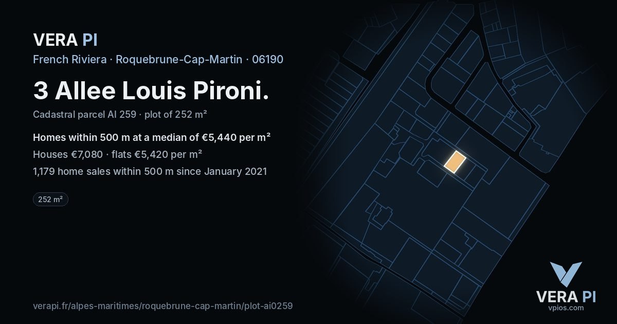 3 Allee Louis Pironi, Roquebrune-Cap-Martin at night – the plot lit, the parcels around coloured by the prices near them