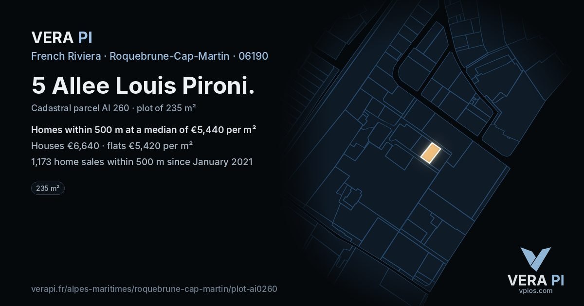 5 Allee Louis Pironi, Roquebrune-Cap-Martin at night – the plot lit, the parcels around coloured by the prices near them