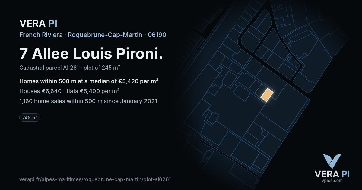 7 Allee Louis Pironi, Roquebrune-Cap-Martin at night – the plot lit, the parcels around coloured by the prices near them