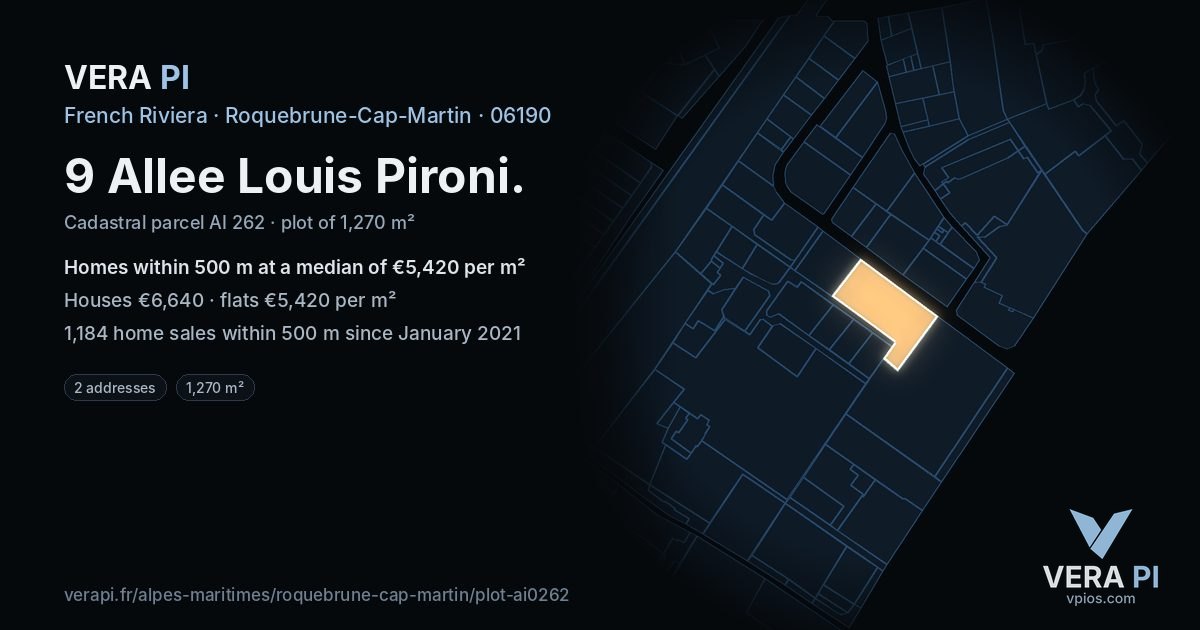 9 Allee Louis Pironi, Roquebrune-Cap-Martin at night – the plot lit, the parcels around coloured by the prices near them