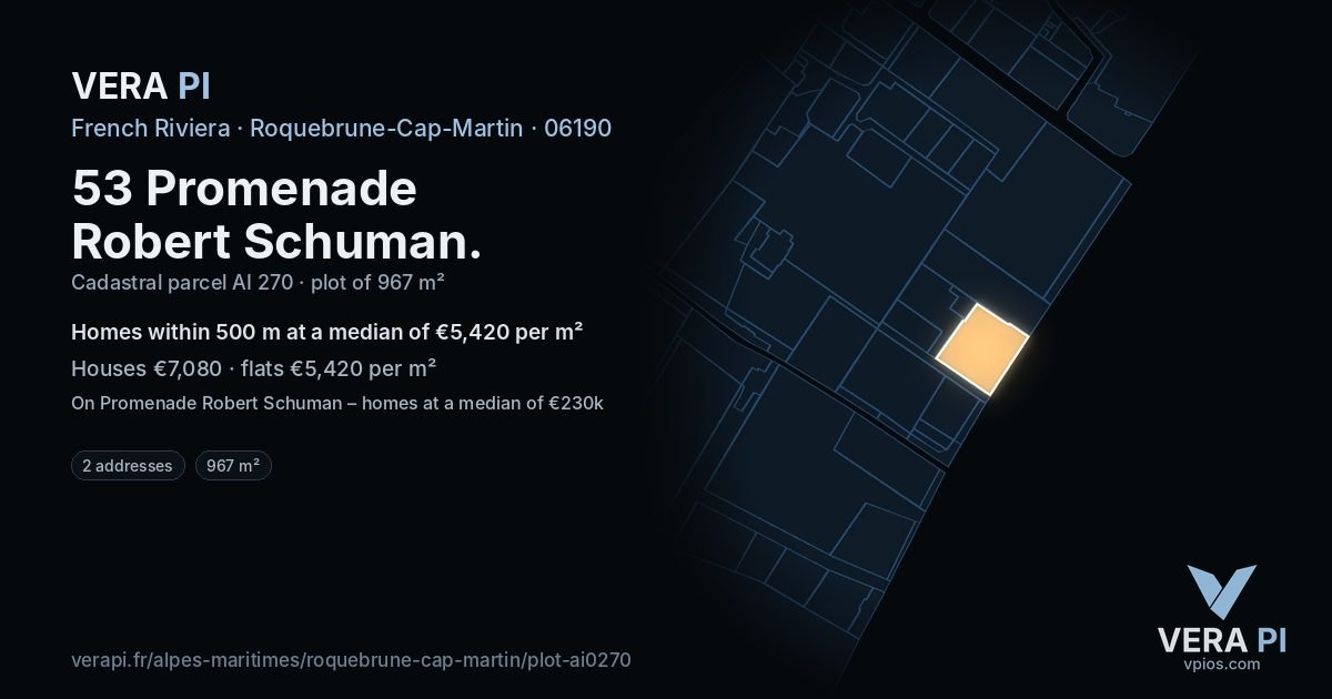 53 Promenade Robert Schuman, Roquebrune-Cap-Martin at night – the plot lit, the parcels around coloured by the prices near them