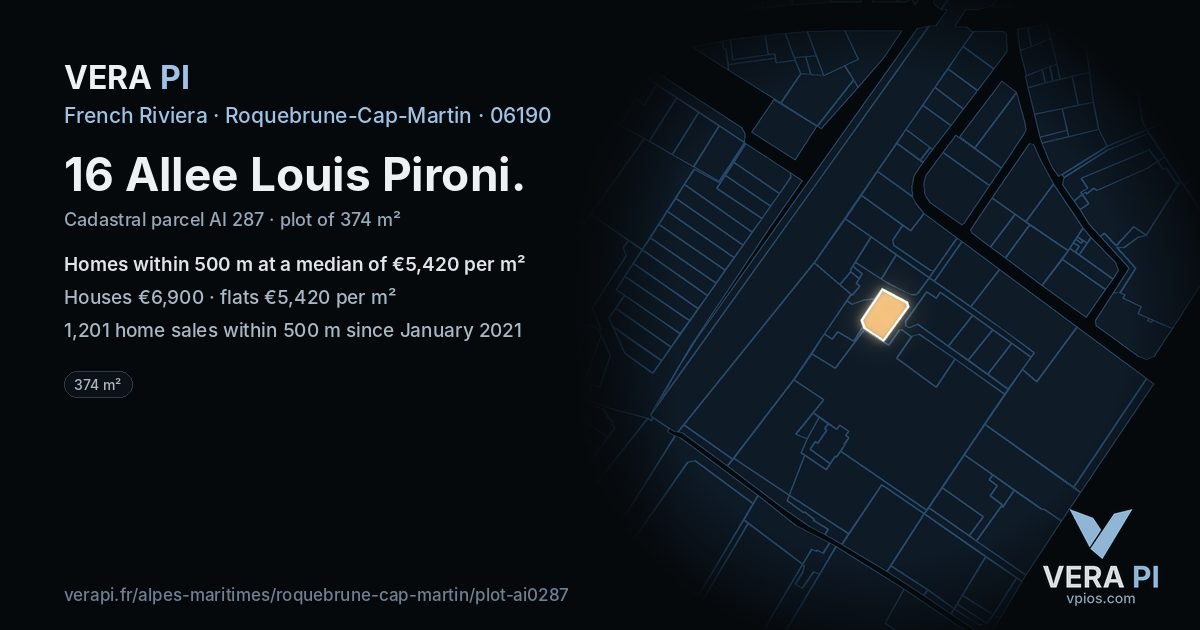 16 Allee Louis Pironi, Roquebrune-Cap-Martin at night – the plot lit, the parcels around coloured by the prices near them