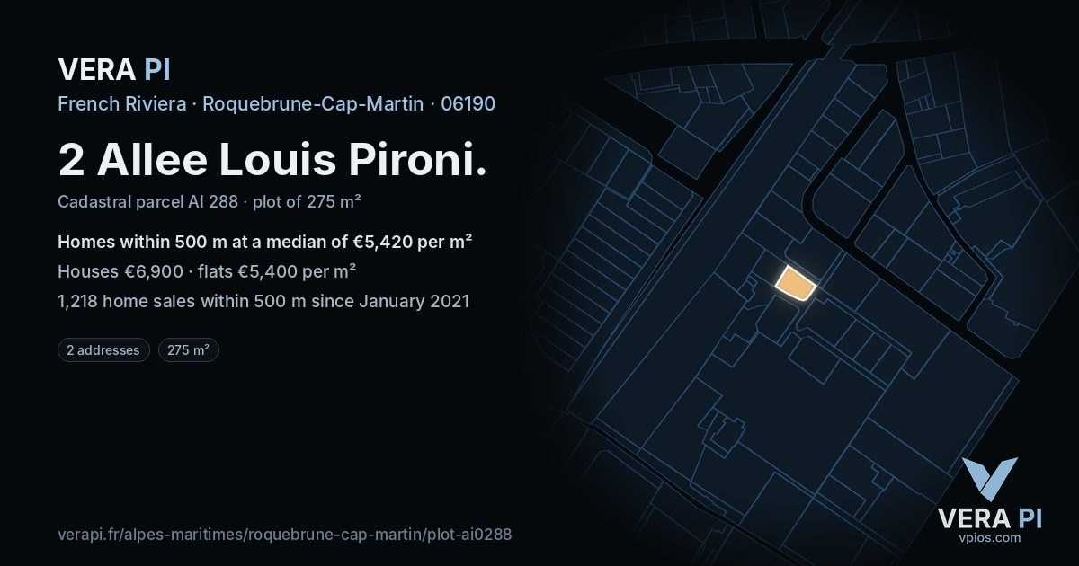 2 Allee Louis Pironi, Roquebrune-Cap-Martin at night – the plot lit, the parcels around coloured by the prices near them