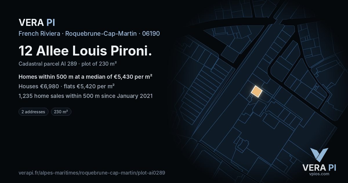 12 Allee Louis Pironi, Roquebrune-Cap-Martin at night – the plot lit, the parcels around coloured by the prices near them