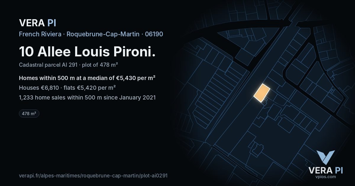 10 Allee Louis Pironi, Roquebrune-Cap-Martin at night – the plot lit, the parcels around coloured by the prices near them