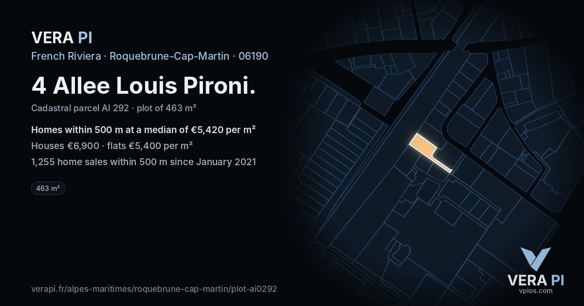 4 Allee Louis Pironi, Roquebrune-Cap-Martin at night – the plot lit, the parcels around coloured by the prices near them