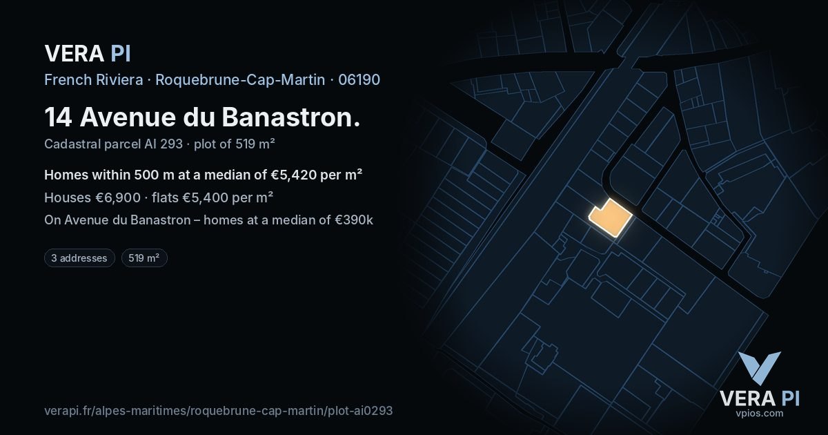14 Avenue du Banastron, Roquebrune-Cap-Martin at night – the plot lit, the parcels around coloured by the prices near them