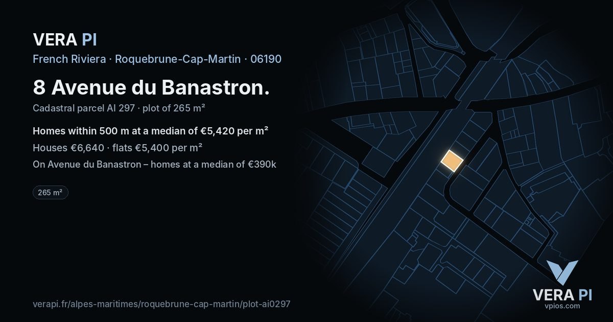 8 Avenue du Banastron, Roquebrune-Cap-Martin at night – the plot lit, the parcels around coloured by the prices near them