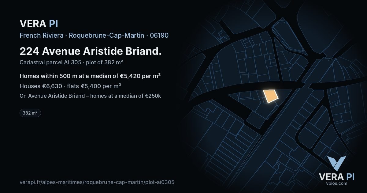 224 Avenue Aristide Briand, Roquebrune-Cap-Martin at night – the plot lit, the parcels around coloured by the prices near them