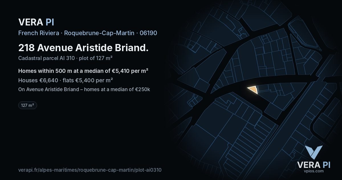218 Avenue Aristide Briand, Roquebrune-Cap-Martin at night – the plot lit, the parcels around coloured by the prices near them