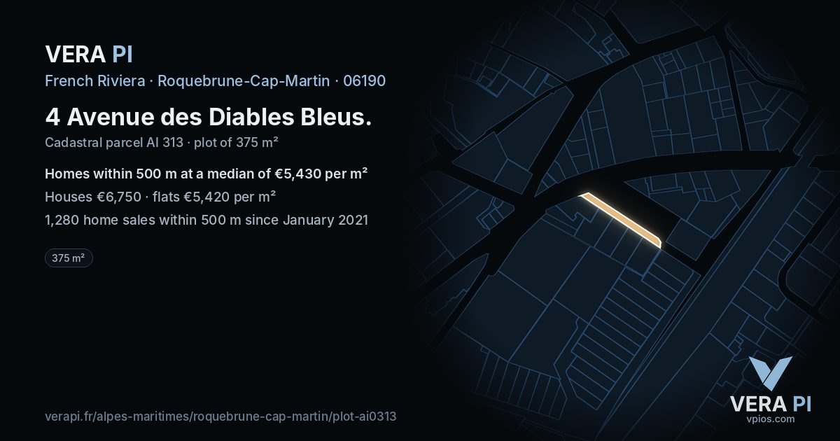 4 Avenue des Diables Bleus, Roquebrune-Cap-Martin at night – the plot lit, the parcels around coloured by the prices near them