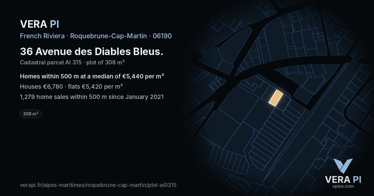 36 Avenue des Diables Bleus, Roquebrune-Cap-Martin at night – the plot lit, the parcels around coloured by the prices near them