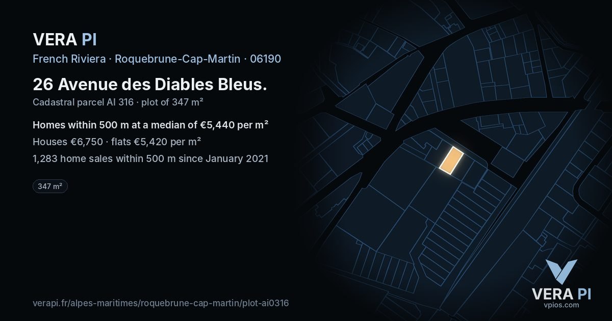 26 Avenue des Diables Bleus, Roquebrune-Cap-Martin at night – the plot lit, the parcels around coloured by the prices near them