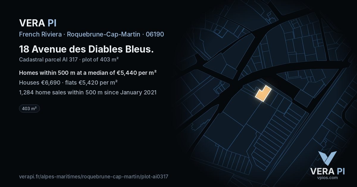 18 Avenue des Diables Bleus, Roquebrune-Cap-Martin at night – the plot lit, the parcels around coloured by the prices near them