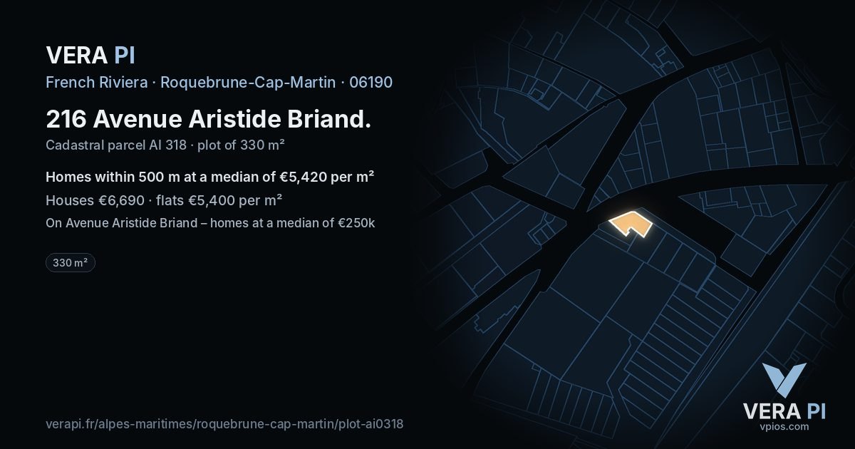 216 Avenue Aristide Briand, Roquebrune-Cap-Martin at night – the plot lit, the parcels around coloured by the prices near them