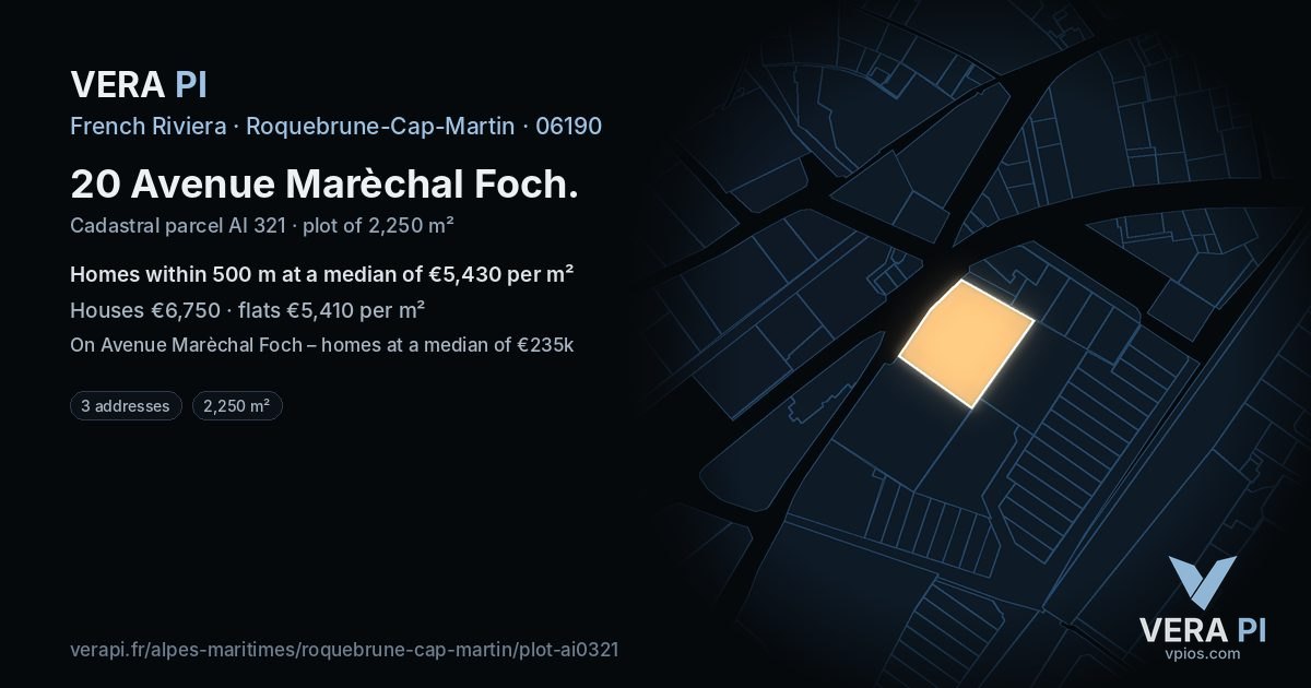 20 Avenue Marèchal Foch, Roquebrune-Cap-Martin at night – the plot lit, the parcels around coloured by the prices near them