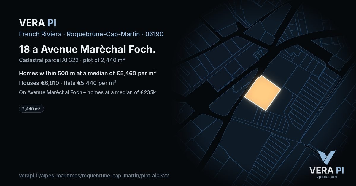 18 a Avenue Marèchal Foch, Roquebrune-Cap-Martin at night – the plot lit, the parcels around coloured by the prices near them