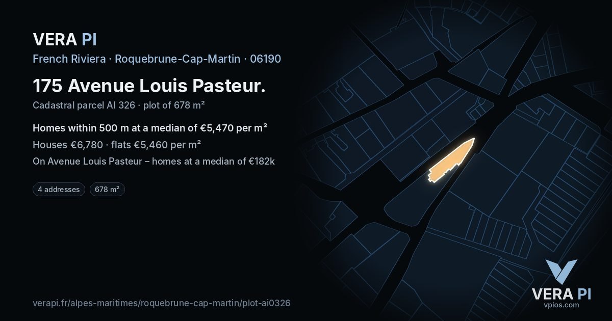 175 Avenue Louis Pasteur, Roquebrune-Cap-Martin at night – the plot lit, the parcels around coloured by the prices near them