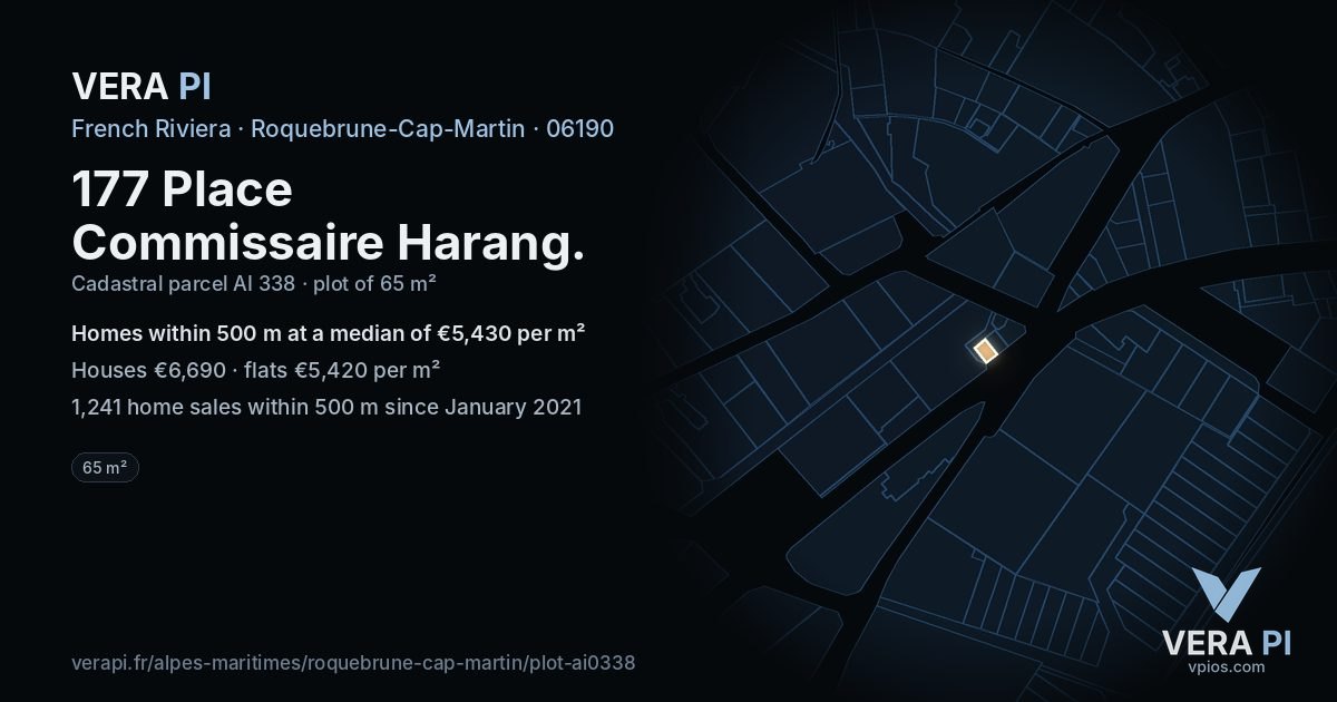 177 Place Commissaire Harang, Roquebrune-Cap-Martin at night – the plot lit, the parcels around coloured by the prices near them