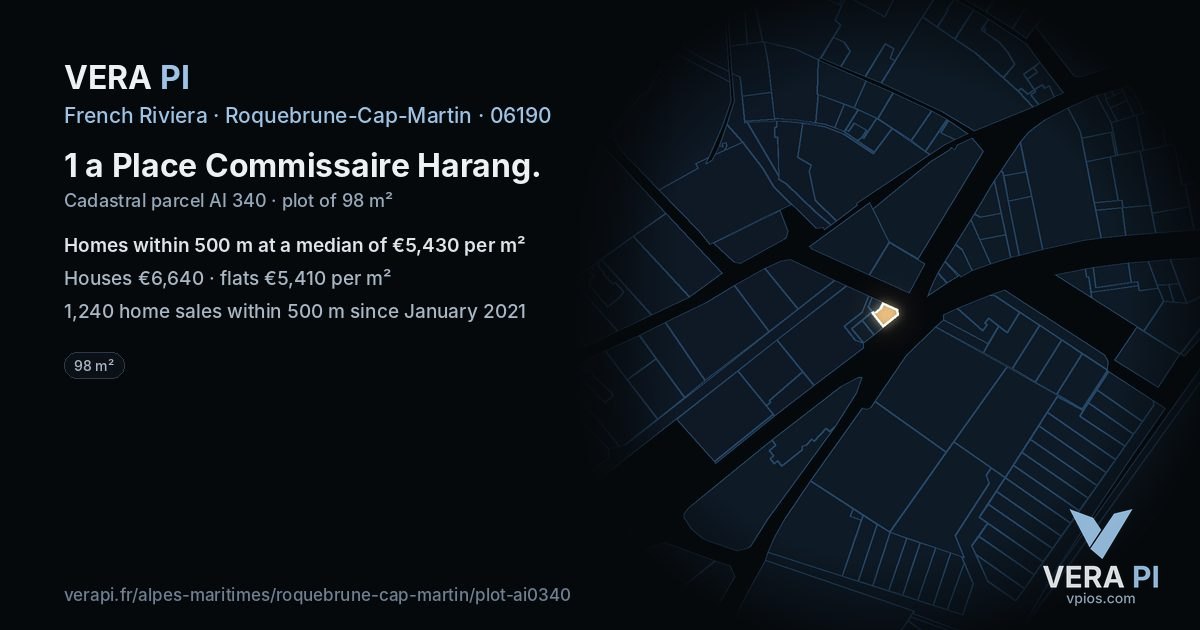 1 a Place Commissaire Harang, Roquebrune-Cap-Martin at night – the plot lit, the parcels around coloured by the prices near them