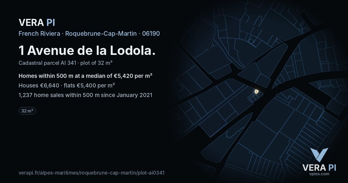 1 Avenue de la Lodola, Roquebrune-Cap-Martin at night – the plot lit, the parcels around coloured by the prices near them