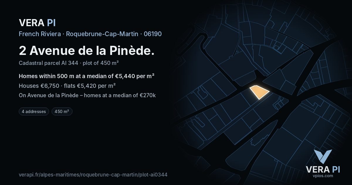 2 Avenue de la Pinède, Roquebrune-Cap-Martin at night – the plot lit, the parcels around coloured by the prices near them