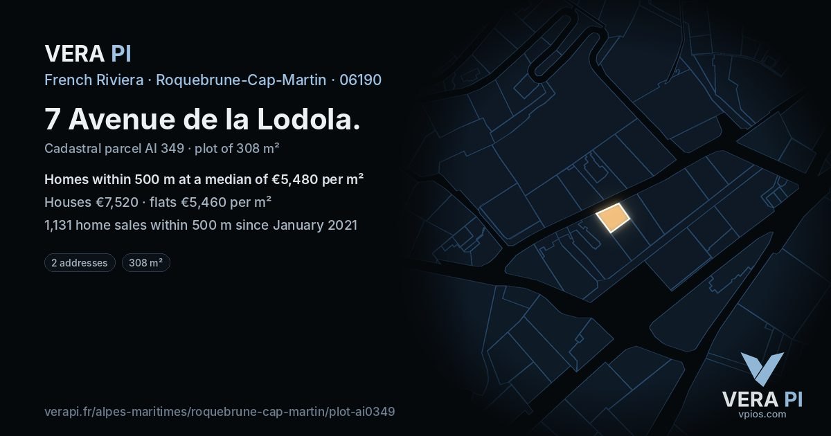 7 Avenue de la Lodola, Roquebrune-Cap-Martin at night – the plot lit, the parcels around coloured by the prices near them