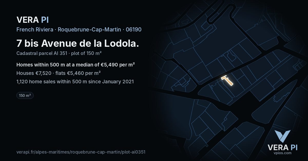 7 bis Avenue de la Lodola, Roquebrune-Cap-Martin at night – the plot lit, the parcels around coloured by the prices near them