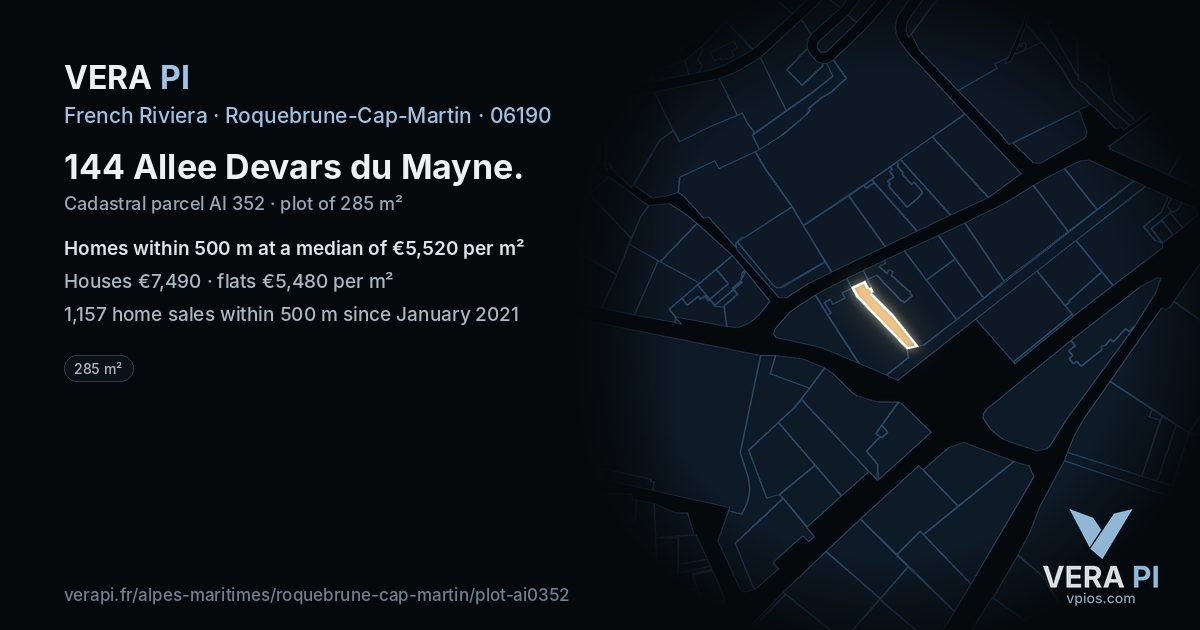144 Allee Devars du Mayne, Roquebrune-Cap-Martin at night – the plot lit, the parcels around coloured by the prices near them