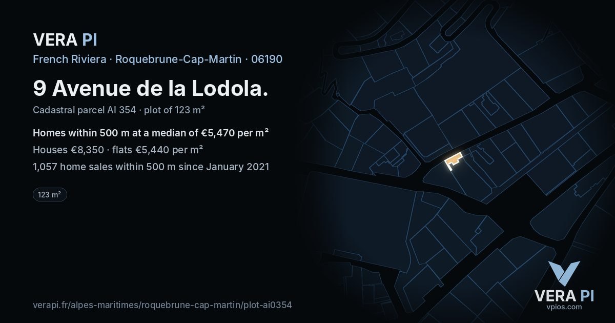 9 Avenue de la Lodola, Roquebrune-Cap-Martin at night – the plot lit, the parcels around coloured by the prices near them