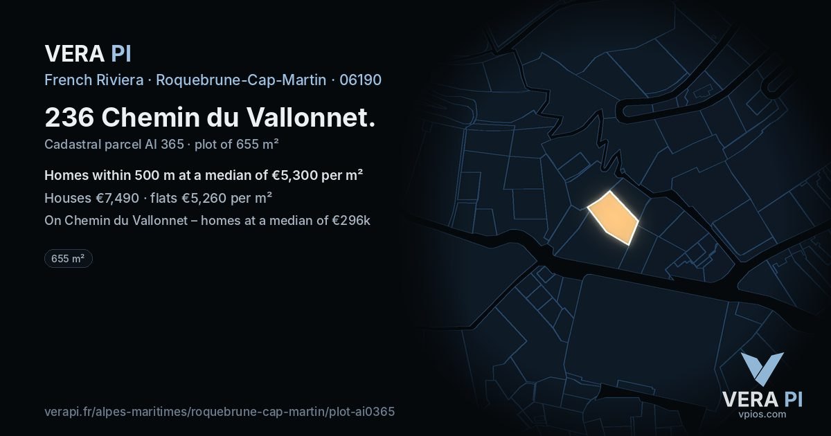 236 Chemin du Vallonnet, Roquebrune-Cap-Martin at night – the plot lit, the parcels around coloured by the prices near them
