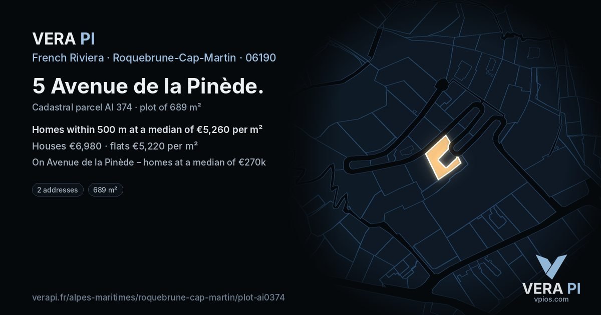 5 Avenue de la Pinède, Roquebrune-Cap-Martin at night – the plot lit, the parcels around coloured by the prices near them