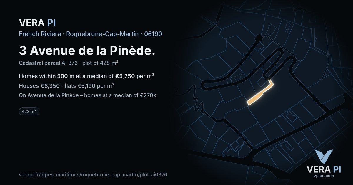 3 Avenue de la Pinède, Roquebrune-Cap-Martin at night – the plot lit, the parcels around coloured by the prices near them