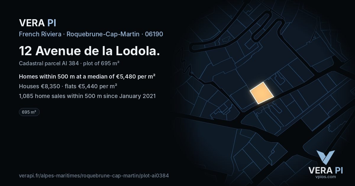 12 Avenue de la Lodola, Roquebrune-Cap-Martin at night – the plot lit, the parcels around coloured by the prices near them
