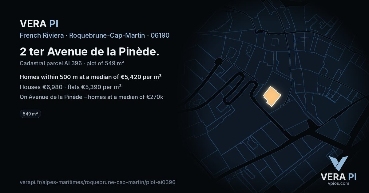 2 ter Avenue de la Pinède, Roquebrune-Cap-Martin at night – the plot lit, the parcels around coloured by the prices near them