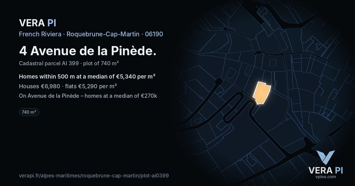 4 Avenue de la Pinède, Roquebrune-Cap-Martin at night – the plot lit, the parcels around coloured by the prices near them