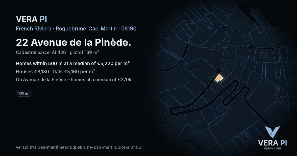 22 Avenue de la Pinède, Roquebrune-Cap-Martin at night – the plot lit, the parcels around coloured by the prices near them