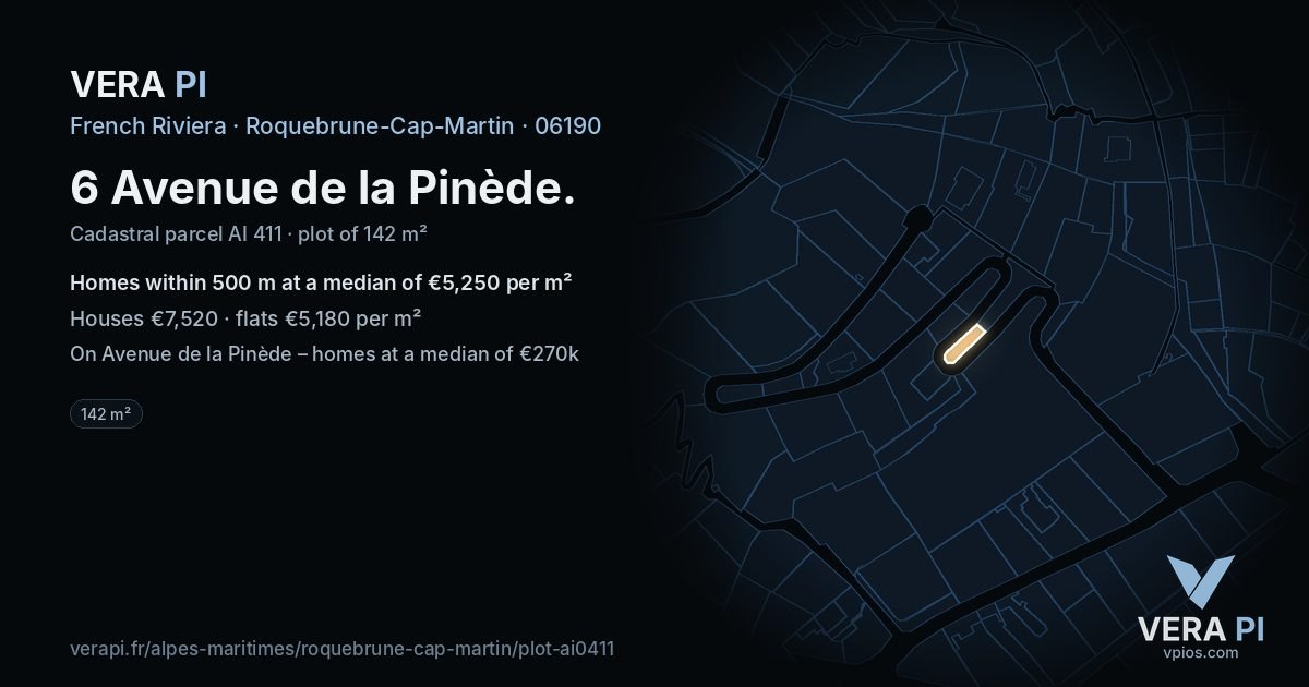 6 Avenue de la Pinède, Roquebrune-Cap-Martin at night – the plot lit, the parcels around coloured by the prices near them