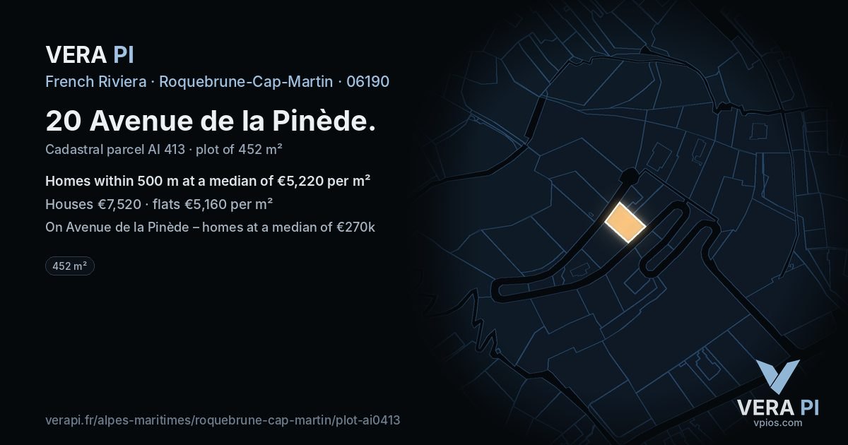 20 Avenue de la Pinède, Roquebrune-Cap-Martin at night – the plot lit, the parcels around coloured by the prices near them